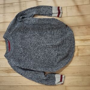Roots Cabin Crew Gray Sweater with Cream & Red Cuff Detail